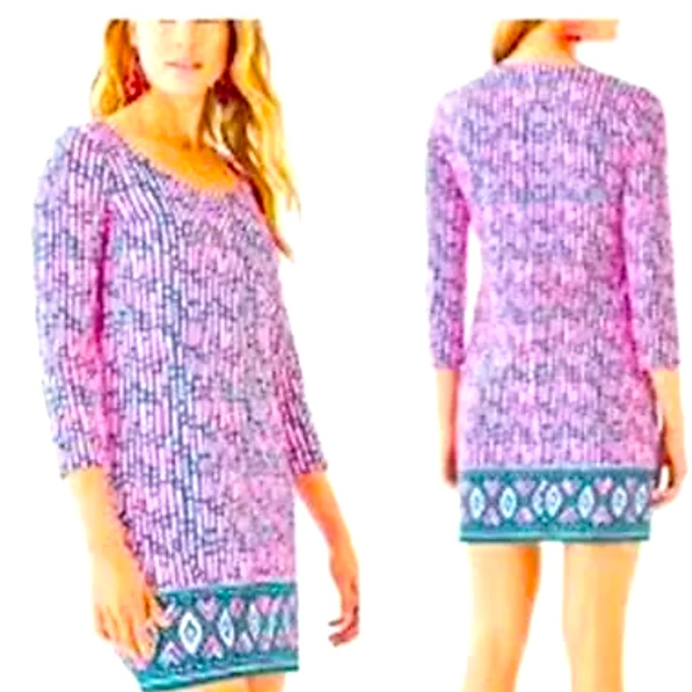 Lilly Pulitzer Pink Patterned Shift Dress with Teal Border